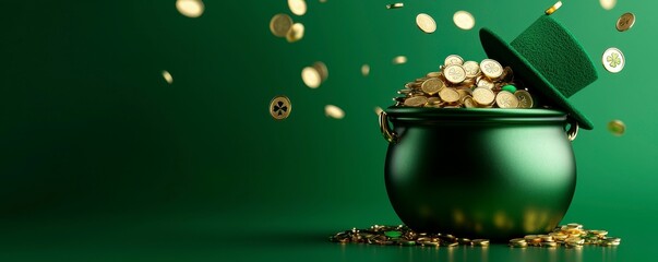 Enchanted Leprechaun Pot of Gold with Green Hat for Saint Patrick's Day Celebration Imagery