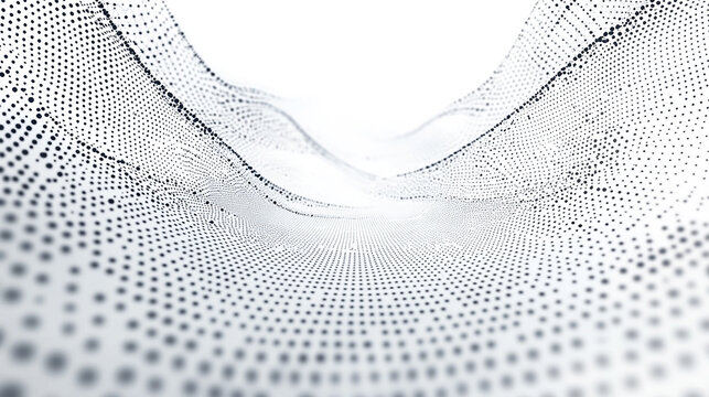 A minimalist abstract background composed of tiny black dots arranged in a dynamic, fluid structure resembling a digital landscape.