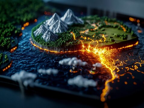 Miniature Earth Landscape with Mountains Coastline and Volcanoes Fissures Illuminated Model Display Scene