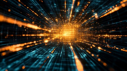 Obraz premium Abstract glowing grid with orange and blue lights forming a futuristic structure