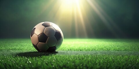 Fototapeta premium A soccer ball rests on a lush green field, illuminated by a dramatic spotlight, ready for the thrill of the game.