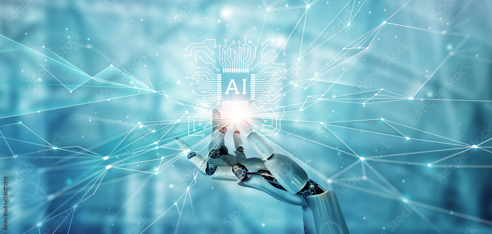 Poster Ai robot, Artificial intelligence touch of smart AI circuit board and electronic brain on data network structure for assistance of analysis, plan and strategy of business on future. Machine learning