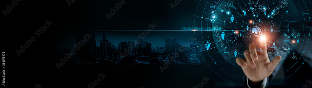 Aufkleber Customer Relationship Management, Businessman touch with global on structure customer network technology, Data exchanges development. Customer service, Digital marketing online. social media.