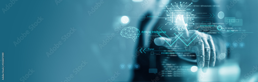 Fototapete Ai robot, Artificial intelligence touch of smart AI circuit board and electronic brain on data network structure for assistance of analysis, plan and strategy of business on future. Machine learning.