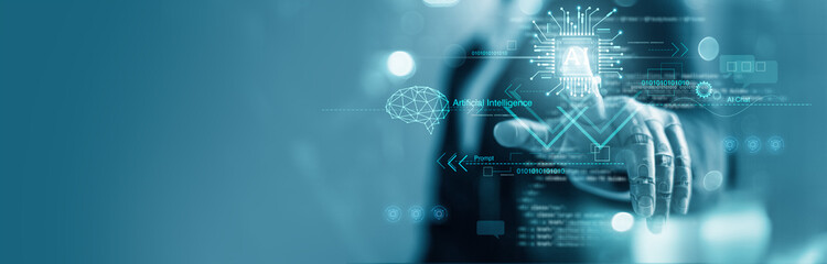 Ai robot, Artificial intelligence touch of smart AI circuit board and electronic brain on data...