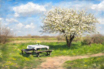 Obraz premium A picnic table with flowers under a blossoming tree on a sunny day with clouds view