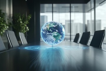 Futuristic boardroom with 3d holographic earth projection from advanced technology device