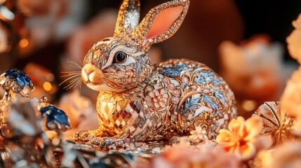 Obraz premium Ornate Porcelain Rabbit and Decorative Eggs – Luxury Artisan Craft. Easter holiday. Generated by AI