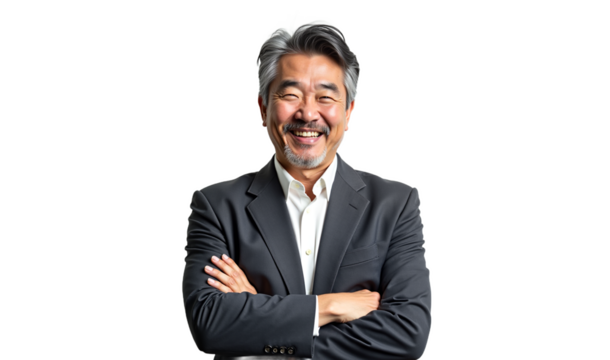 Portrait of a smiling Japanese businessman in suit with crossed arms, isolated on white background. Confident professional headshot for corporate website or profile.