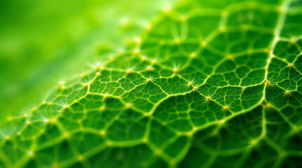 Close-up of leaf veins and tiny hairs on the bright green leaf surface, showing the harmonious beauty of nature and the sustainability of the environment.