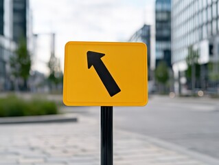 Yellow directional sign indicating straight ahead in a modern urban setting