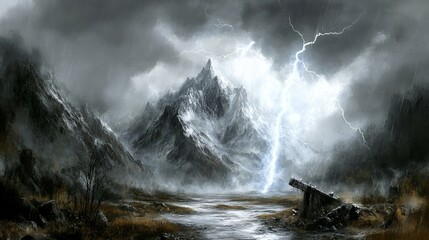 A dramatic landscape with mountains, lightning, rain, and a stormy sky over a river area