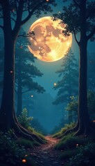Fototapeta premium Full moon illuminates ancient forest, shadows dance , serenity, forest