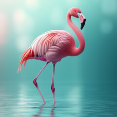 Elegant flamingo standing gracefully in tranquil waters, its vibrant pink plumage contrasting with the serene turquoise backdrop.