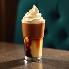 Glass of iced coffee, scoop of vanilla ice cream, condensation, cubes, summer, delicious