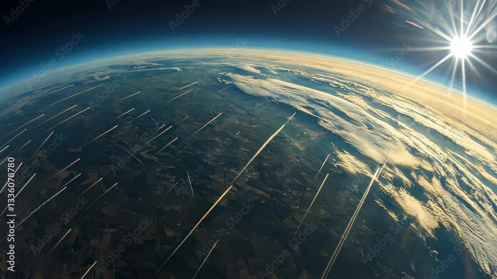 Poster dramatic panoramic view of airplane contrails over the earth's atmosphere at sunset, a wide-angle pa