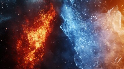 Fototapeta premium Dynamic versus background image with lava and ice facing off in a dramatic duel. Fiery lava on one side, contrasted with icy glaciers on the other 