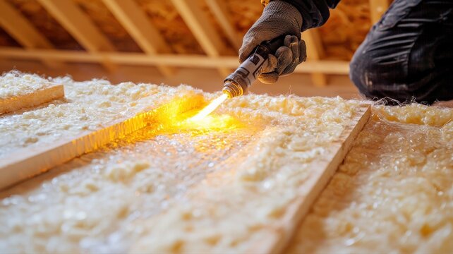 Close-up of a worker using a blow torch to seal insulation panels on a roof, demonstrating precision, safety, and skilled roofing insulation installation in residential construction.
