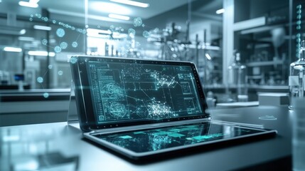 Futuristic nano-tech innovation. Tiny, intricate circuits and micro-sensors displayed on a high-tech tablet screen. A sleek research lab environment with holographic projections and advanced digital 