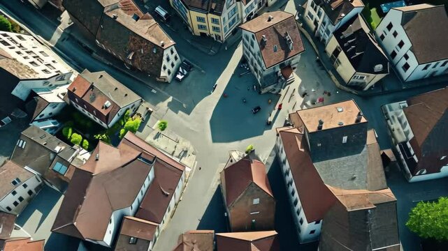 Exploring the historic architecture and cobblestone streets of Mels Sa from above, Aerial view around the old town of the city Mels, Sargans in Switzerland on a sunny day in summer