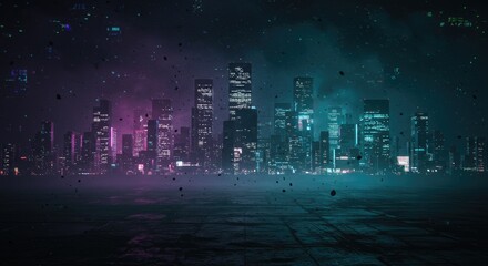 A neon-lit cyberpunk city skyline shrouded in mist, digital distortions, and eerie stormlight.