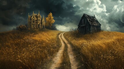 Fototapeta premium Abandoned Homes Surrounded by Dramatic Skies and Golden Grass in Eerie Landscape