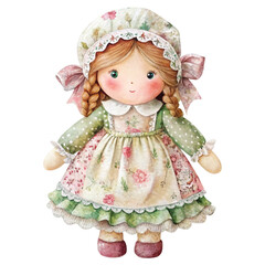 Fototapeta premium Cute girl Whimsical Boho Doll Clipart Watercolor , White background 