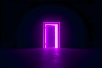 A dimly lit room features an open door outlined with bright neon pink light. The glowing doorway casts a soft reflection on the dark floor, creating a mysterious and intriguing atmosphere