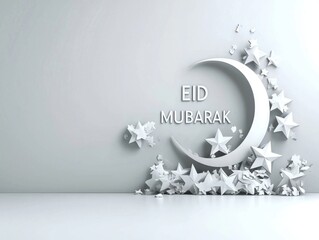White Crescent Moon and Stars Eid Mubarak Greeting