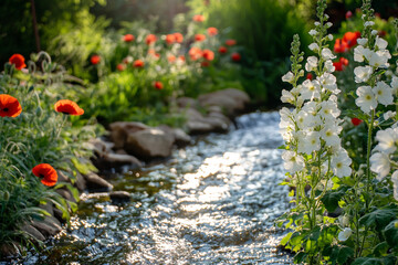 A small stream flowing through the garden, with white hollyhock flowers and red poppies on both sides of it