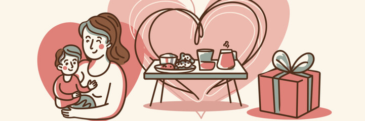 Warm vector illustration of mother and child with breakfast tray and gift – Ideal for Mother’s Day campaigns, parenting blogs, or family appreciation content.