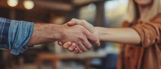 A confident contractor and homeowner shake hands with smiles, symbolizing trust and collaboration in a successful home renovation project