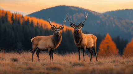 Fototapeta premium Majestic Deer Pair Standing in Autumnal Landscape with Vibrant Foliage and Soft Sunset Glow