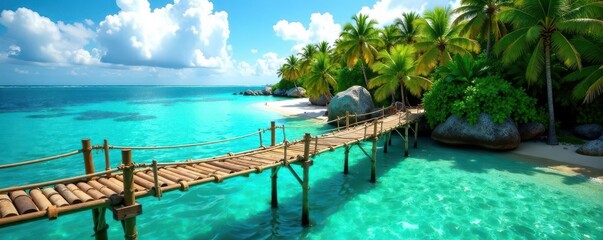 Fototapeta premium Precariously swaying bamboo bridge spans turquoise sea to lush isle , scenic, green