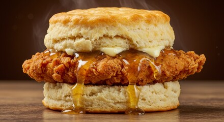 Delicious Crispy Fried Chicken Biscuit Sandwich with Honey Drizzle