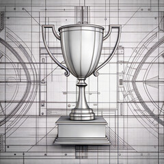 Silver trophy on blueprint background