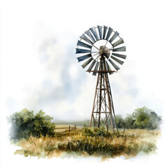 Illustration painted in realistic style showing tranquil farm with windmill