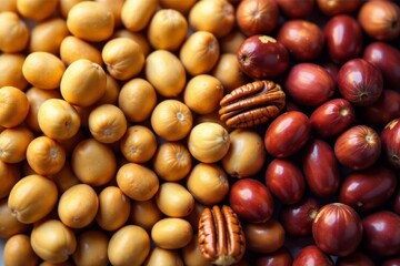 Various types of nuts like hazelnuts, pecans, and macadamia in a rainbow of colors and sizes, food, gourmet, colorful