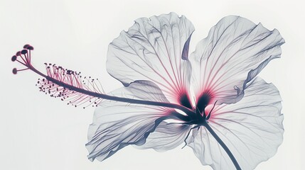 A hibiscus flower outline with broad petals and a prominent central stamen on a white background.