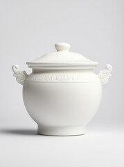 Elegant white ceramic tureen with lid and decorative handles, featuring a geometric pattern around the top, ideal for serving food.