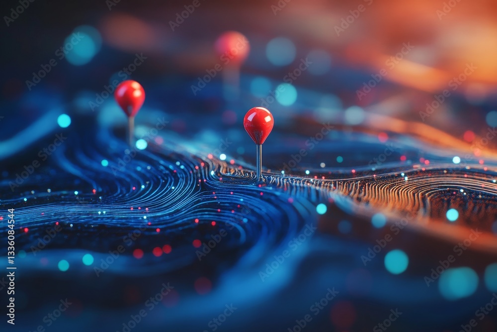 Poster abstract map featuring red and blue pins on a digital background with bokeh effect