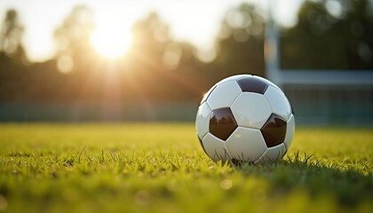 Fototapeta premium Soccer ball on grass with golden light representing sport
