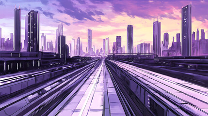Fototapeta premium A futuristic cityscape with towering skyscrapers and vibrant purple skies, showcasing a railway track leading into the urban horizon