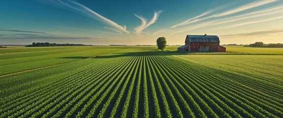 An aerial view of a mixed farm showcasing rows of crops and a barn in the distance