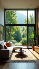 Modern living room with floor-to-ceiling window wall, natural light, minimalistic decor, home, urban, luxury