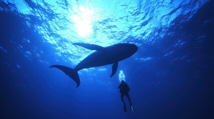 Obraz premium Giant whale swimming deep sea gigapixel image underwater below the surface mysterious ocean scene