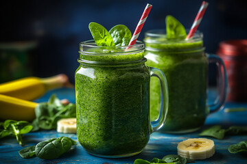 a photo of two mason jars filled with green smoothie,