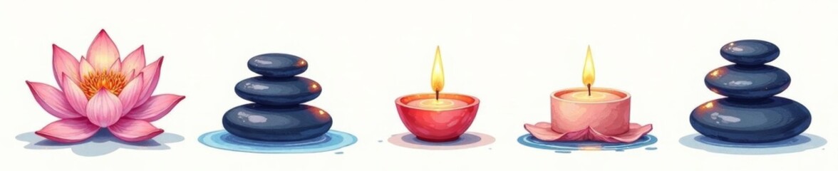 Hand-drawn spa symbols like lotus flowers, candles, and massage stones on seamless background, candles, lotus, flowers