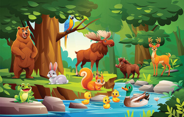 Jungle forest scene with bear, rabbit, moose, and more wildlife. Vector cartoon character illustration