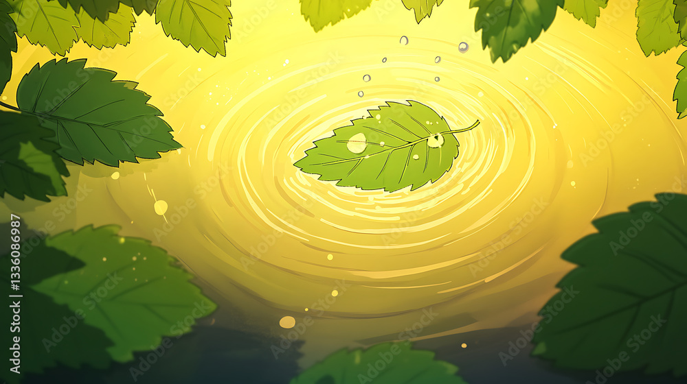 Poster A serene scene of a leaf floating on water, surrounded by vibrant greenery and soft light, creating a tranquil atmosphere
